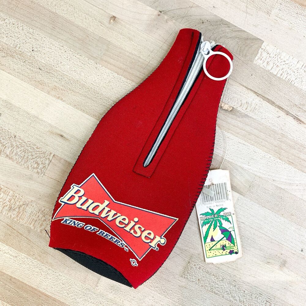 Vintage 1995 Budweiser Logo Beer Bottle Zipper Koozie Collectible with Tag